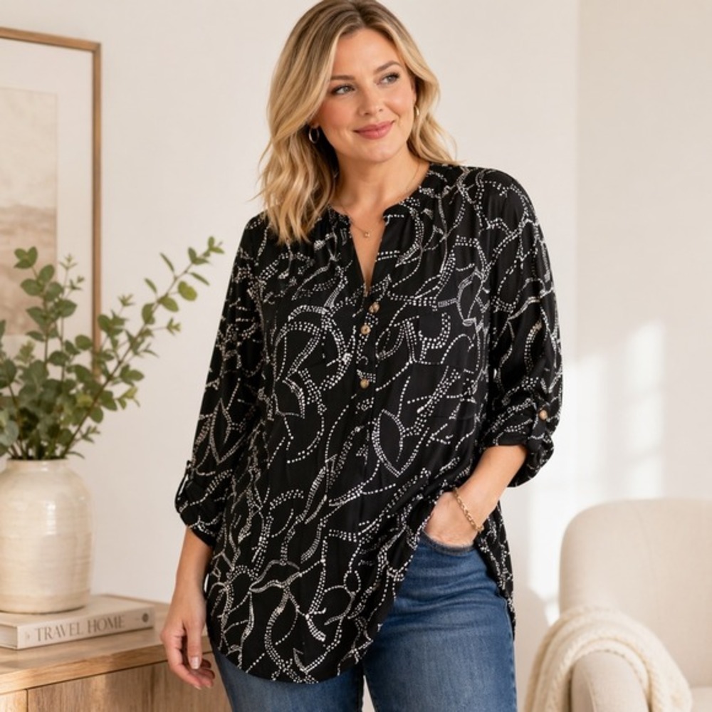 Ava & Grace Woman‎ 1X Black White Abstract Print Button Up Tunic Top